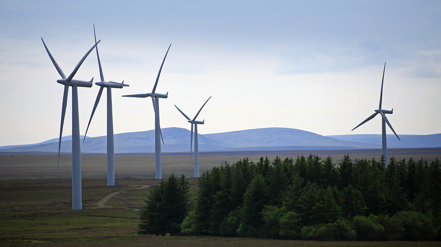 Wind turbine farm in a remote area of Scotland, Europe