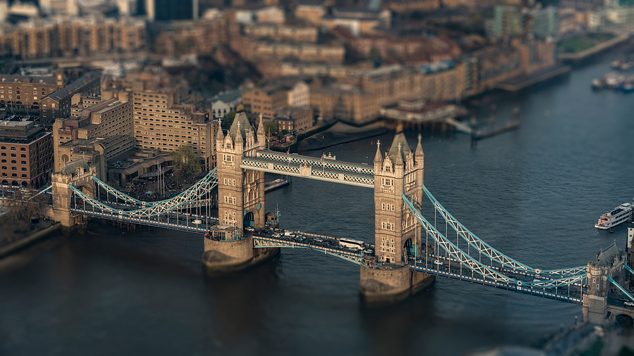 aerial view of the London Tower Bridge with intentional Tilt-Shift-Blur, London, Great Britain