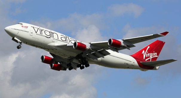 A Virgin Atlantic plane lands at Gatwick airport.