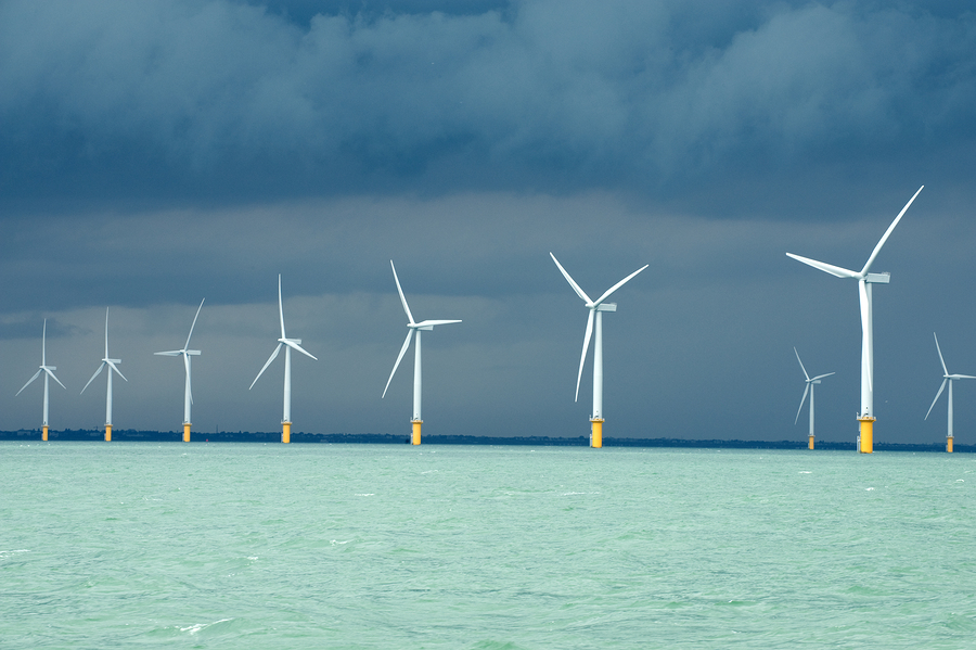 Picture showing newly installed wind farm off the British coast.