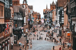 A busy highstreet in Chester city centre from above