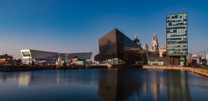 View of Museum of Liverpool and docks from the water