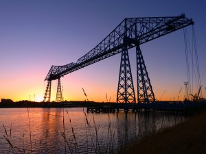 The Tees Transporter Bridge with a sunset backdrop